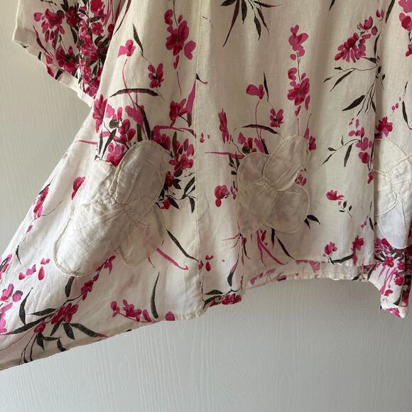 100% Lin Blanc Womens Linen Floral Tunic Top Coastal Lagenlook Boho‎ Size 42 2XL - Picture 4 of 8